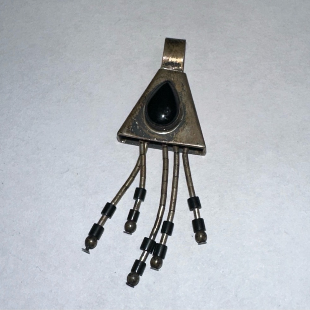 "Artisan Handcrafted .925 Silver & Black Onyx Modernist Shield Pendant Dangle"